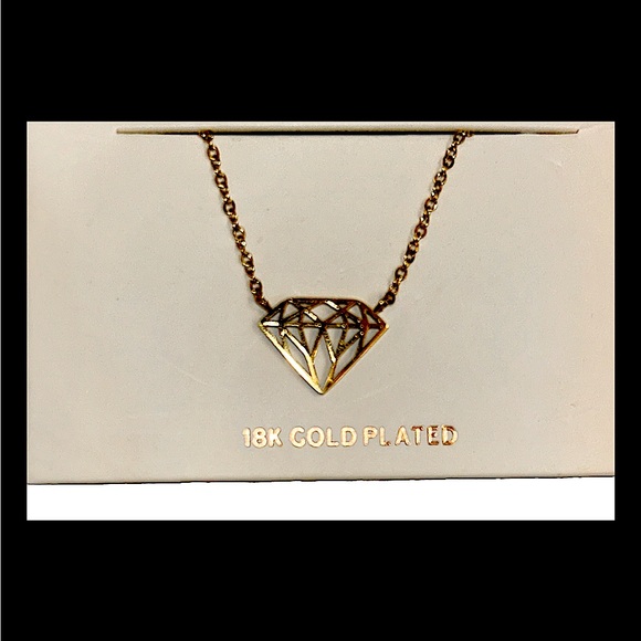 18K YELLOW GOLD PLATED THIN CHAIN LINK NECKLACE DIAMOND SHAPED PENDANT JEWELRY - Picture 2 of 2